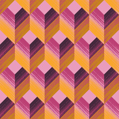Abstract Geometric Seamless Pattern of Textured Squares and Chevrons in Yellow, Pink, Purple, Magenta and Mustard Colors. Fashionable Bright Regular Design for Wallpapers, Wrappings, Products 