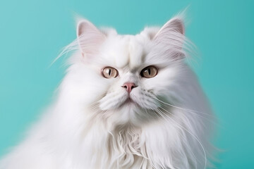 Portrait of a fluffy white cat looking up, close-up on a blue background.