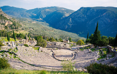 Ancient city of Delphi, ruins of the temple of Apollo, theatre and others ruins - Travel, tour tourism in Greece - obrazy, fototapety, plakaty