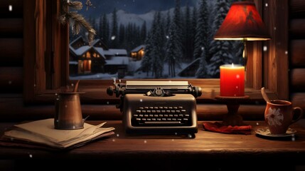 a desk with a book and a lamp and a window with snow