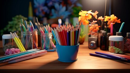 Obraz premium a table with pens and pencils