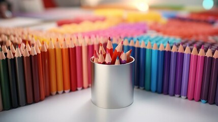 a cup of colored pencils