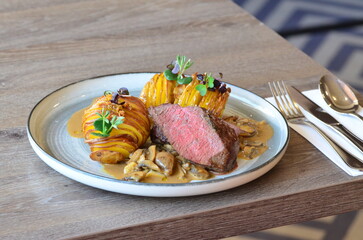 rump steak with potatoe, yummy food background