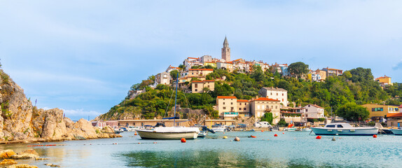 beautiful cityscape of Vrbnik town- Adriatic sea, Krk island, Croatia - obrazy, fototapety, plakaty