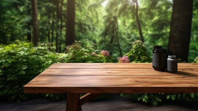 a wood picnic table with cups on it in a forest