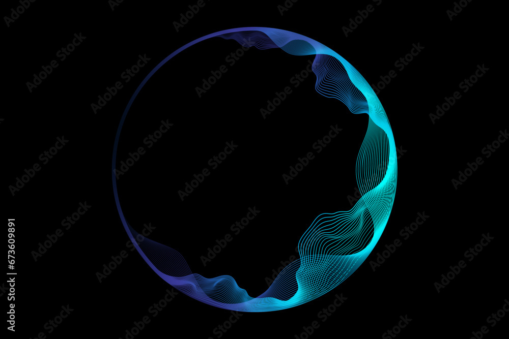 Poster abstract circle round frame by lines wavy flowing blue green gradient isolated on black background. 