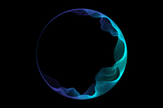Abstract circle round frame by lines wavy flowing blue green gradient isolated on black background. Vector in concept modern, technology, science, music.