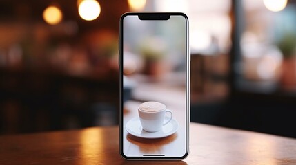 a cell phone with a cup of coffee on a table - obrazy, fototapety, plakaty