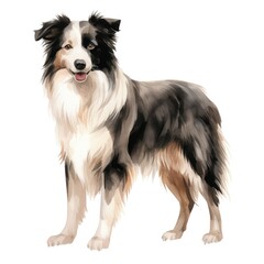 Border Collie dog breed watercolor illustration. Cute pet drawing isolated on white background. - obrazy, fototapety, plakaty