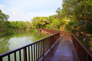 Wooden bridge path for nature walks, Bang Krachao, Samut Prakan, Thailand;