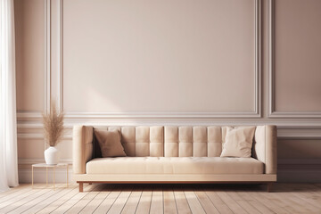 Sofa and artificial plant on background of brown wall front view, concept of modern minimalist interior.