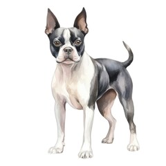 Boston Terrier dog breed watercolor illustration. Cute pet drawing isolated on white background.