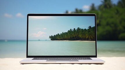 a laptop on a beach