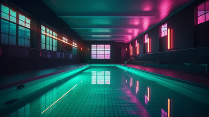 indoor pool with retro-style neon lights