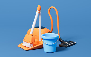 Cartoon vacuum cleaner, broom and pail in the blue background, 3d rendering.