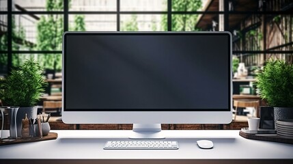 a computer monitor on a desk