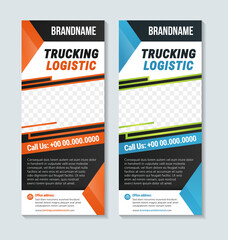trucking logistics and transport roll up banner design layout. Vertical banner design template. space for photo and text. multicolored brown and blue color on element and background. collection vector