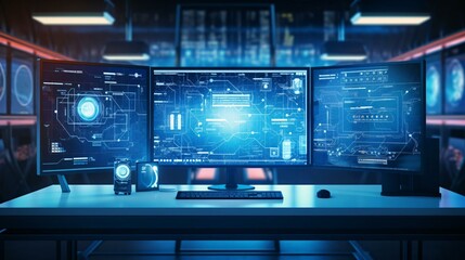 a group of screens on a table