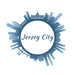 Jersey City skyline with colorful buildings. Circular style. Stock vector illustration.