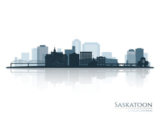 Obraz premium Saskatoon skyline silhouette with reflection. Landscape Saskatoon, Saskatchewan. Vector illustration.