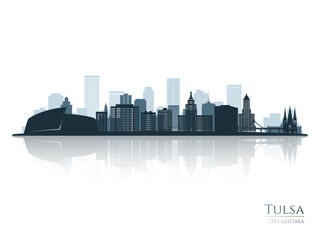 Naklejka premium Tulsa skyline silhouette with reflection. Landscape Tulsa, Oklahoma. Vector illustration.