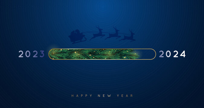 New Year golden loading bar. 2024 Year progress. Countdown, download screen. Loading in form of Christmas tree branches.