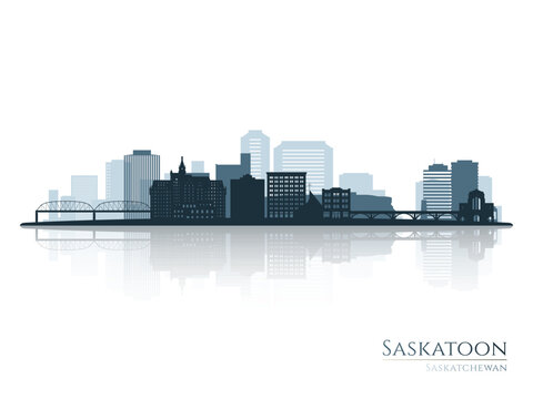 Saskatoon skyline silhouette with reflection. Landscape Saskatoon, Saskatchewan. Vector illustration.
