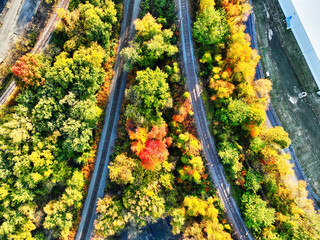 Aerial View of Railroad Tracks and Trees in Fall Color
