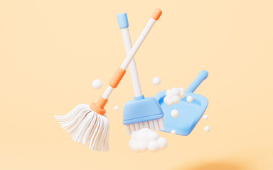 Cartoon mop and broom in the yellow background, 3d rendering. - obrazy, fototapety, plakaty