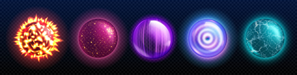 Fantasy glowing orb with magic power. Realistic vector illustration game assets set - colorful luminous globes of witch or wizard. Energy glass balls with neon light effect and shining plasma. - obrazy, fototapety, plakaty