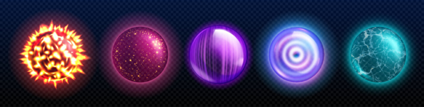 Fantasy glowing orb with magic power. Realistic vector illustration game assets set - colorful luminous globes of witch or wizard. Energy glass balls with neon light effect and shining plasma.