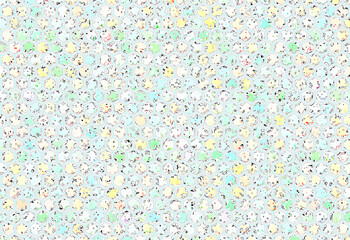 Hexagonal pattern with light colored background with a thin blue and striped border. Interior of cells with abstract figures that blend with the border