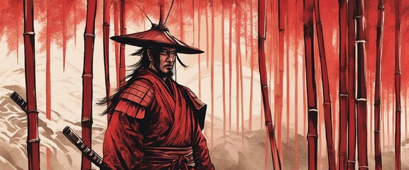 Fototapeta na wymiar samurai walling in a red bamboo forest with sunset behind