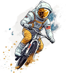 Fototapeta na wymiar astronaut cycling in space ,astronaut in spacesuit riding bike