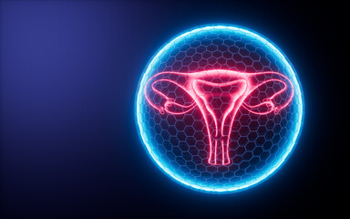 Shield and uterus, protect uterine health, defense disease, 3d rendering.