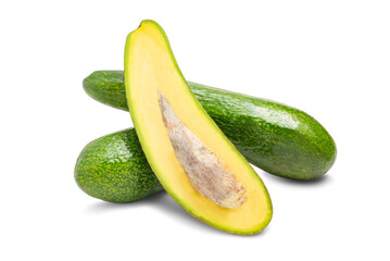 Half of fresh avocado isolated on white background. Ripe fresh green avocado with Clipping Path. collection Avocado studio macro shooting. Whole and half avocado, close-up. Exotic fruit as diet food
