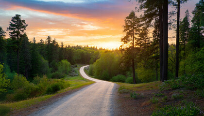 Fototapeta premium A serene sunset road winding through a forest