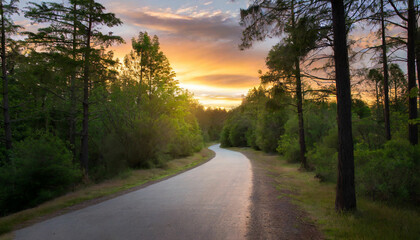 Fototapeta premium A serene sunset road winding through a forest