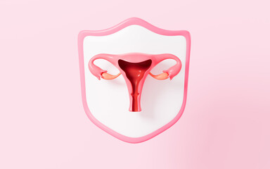 Shield and uterus, protect uterine health, Defense disease, 3d rendering.