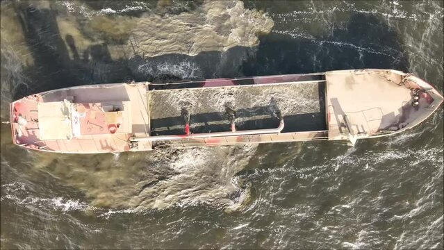 Drone view of suction sand dredging on lough neagh in northern ireland
