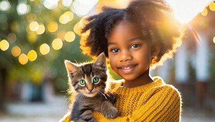 Black girl with curly hair and small yellow cat on her lap