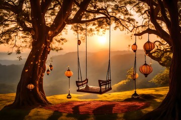 Swing having background of mountains