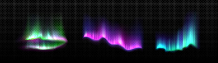 Colorful aurora borealis with neon glowing effect on dark transparent background. Realistic vector set of bright luminous streaks of northern lights on polar night sky. Arctic visual phenomenon - obrazy, fototapety, plakaty