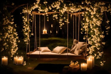 Beautiful sitting area decorated with flowers at night 