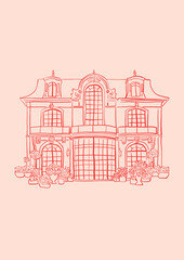 Naklejka premium Mansion sketch with red ink on pink background. Minimalist illustration. Line art. Hand drawing