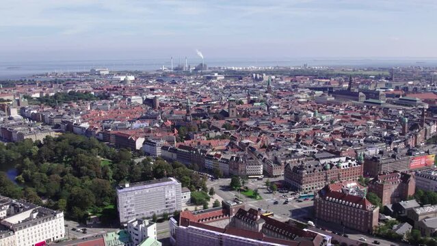 Fly over Copenhagen, view of Orstedsparken, buildings, traffic and more
