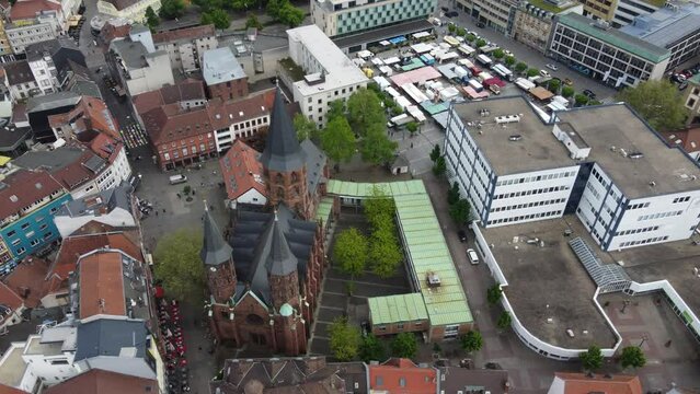 Downtown Weekly market and gothic church in the old city of Kaiserslautern, Germany