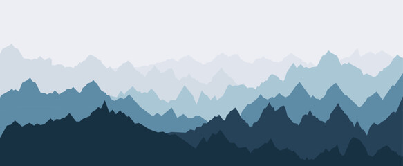 Mountains nature panorama. Rocks peaks, mountain silhouettes banner. Panoramic rocky landscape, decorative abstract decent vector background - obrazy, fototapety, plakaty