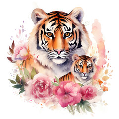 Cute mother tiger with baby with flowers Illustration, Generative Ai