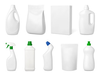 Realistic cleaning products. Isolated white plastic bottles and paper box. Household detergents, 3d packaging mockup. Pithy vector containers set